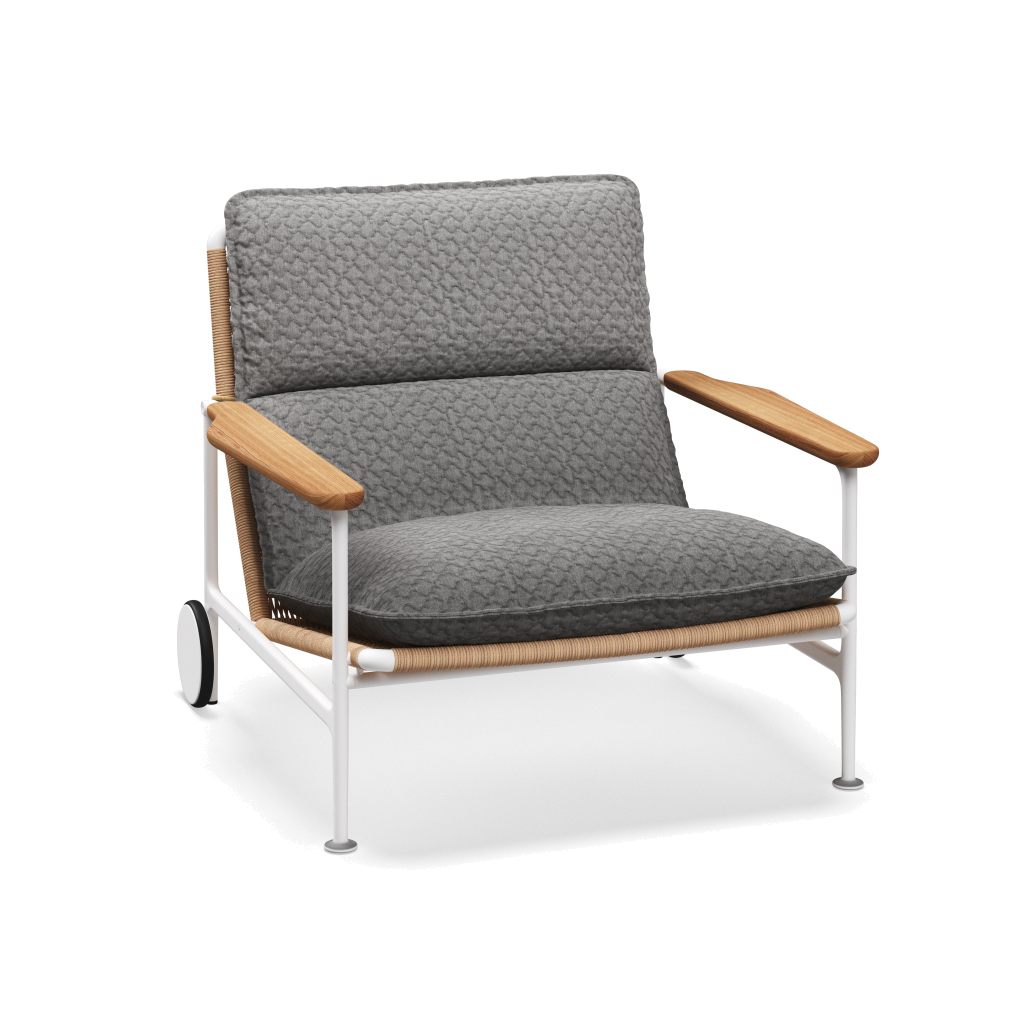 Zenith loungestoel met teakhouten armleuningen — White Wheat Natural met Wave Gravel