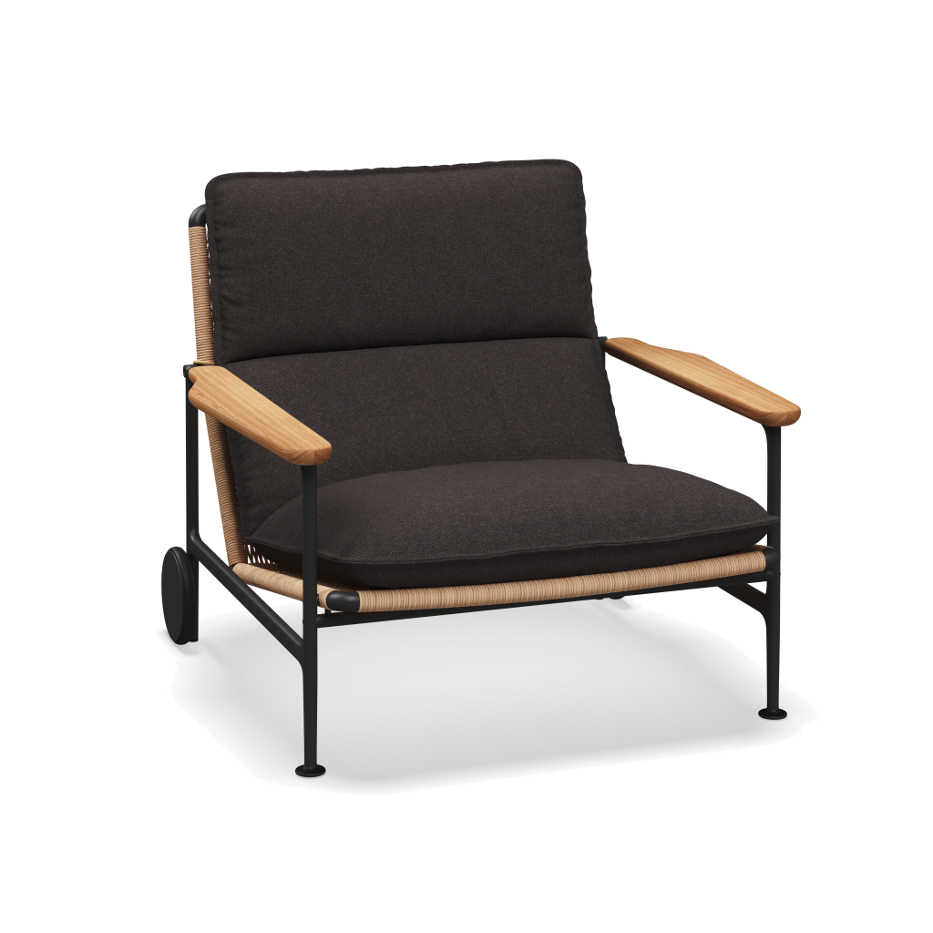 Zenith loungestoel met teakhouten armleuningen — Meteor Wheat Natural met Ground Charcoal