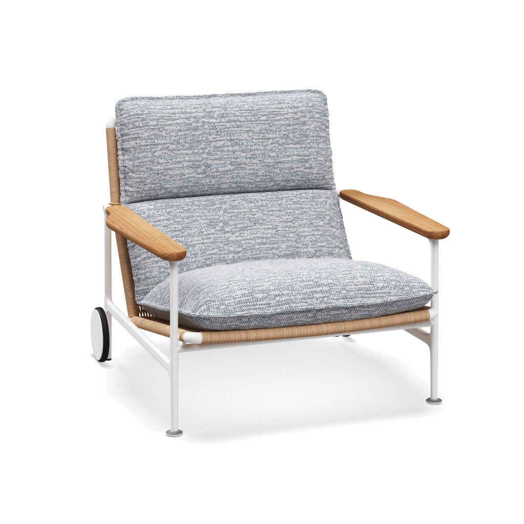 Zenith loungestoel met teakhouten armleuningen — White Wheat Natural met Zenith Denim
