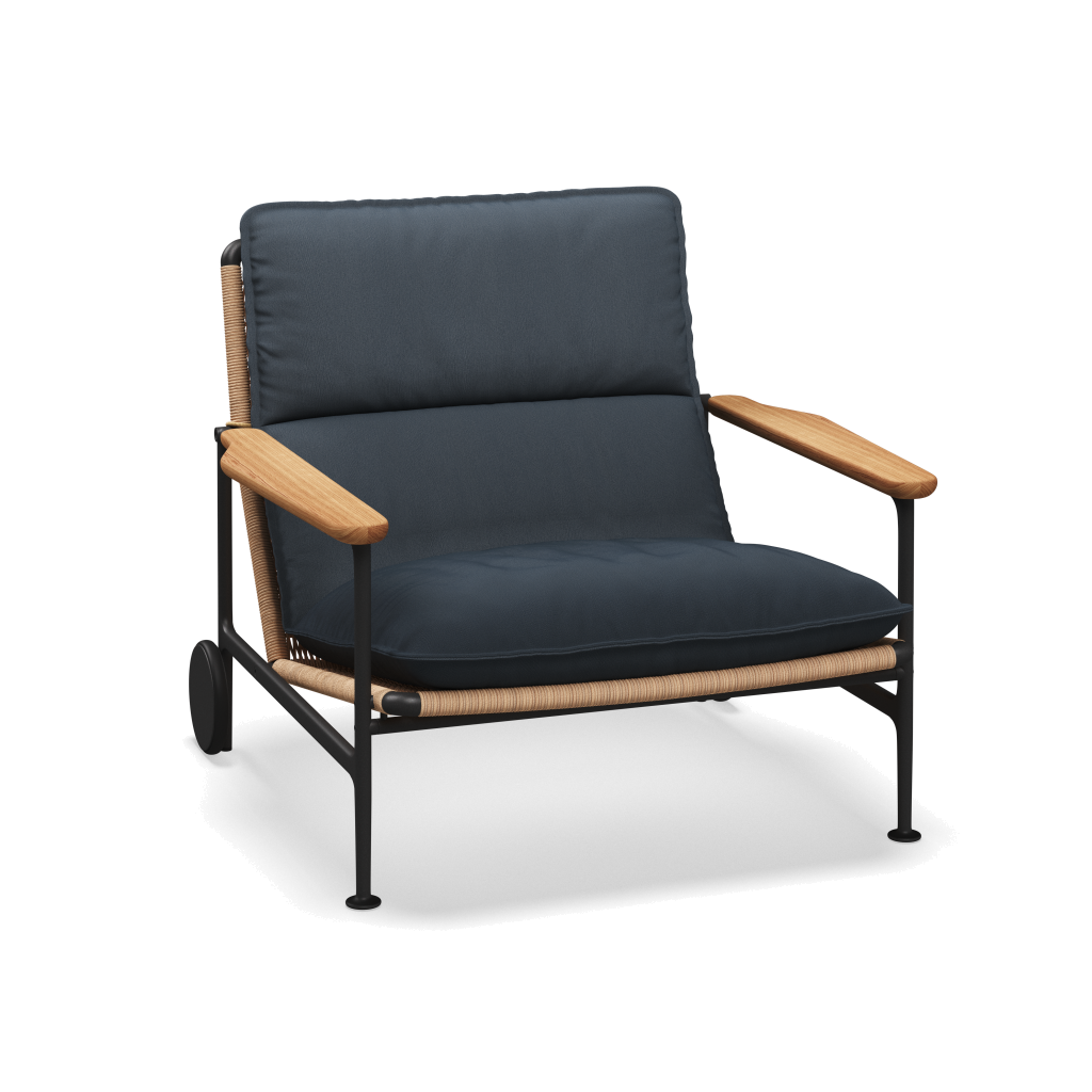 Zenith loungestoel met teakhouten armleuningen — Meteor Wheat Natural met Tuck Denim
