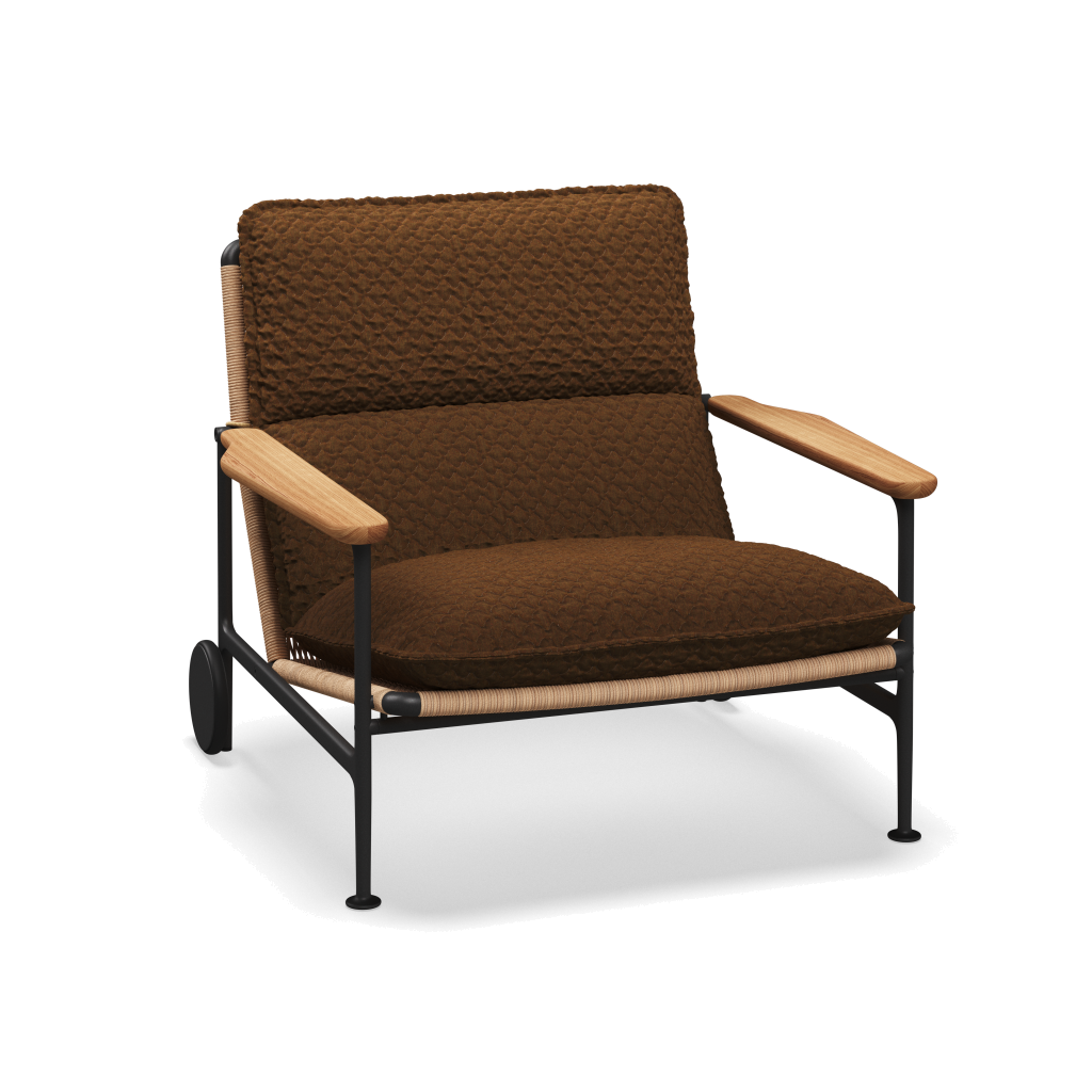 Zenith loungestoel met teakhouten armleuningen — Meteor Wheat Natural met Wave Russet