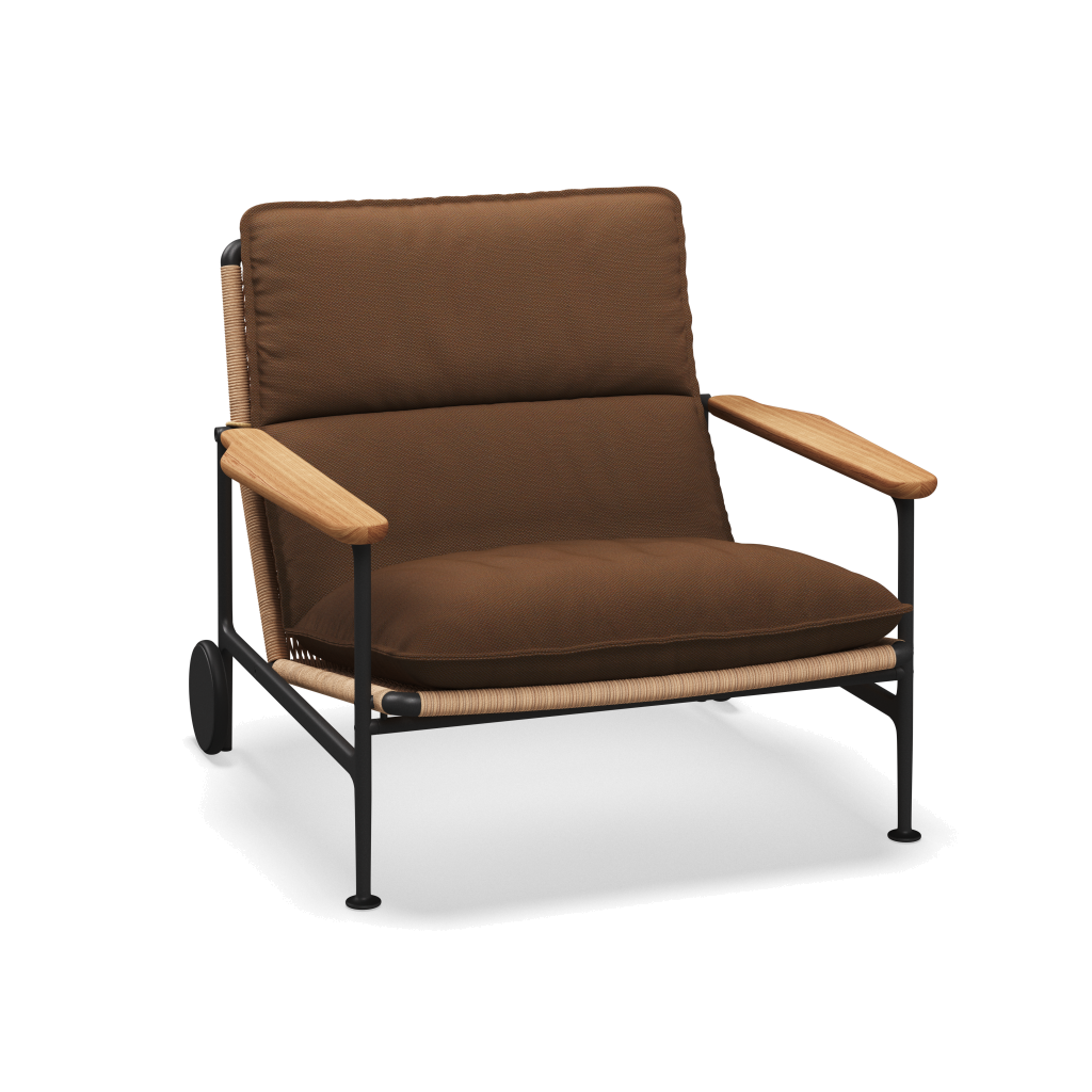 Zenith loungestoel met teakhouten armleuningen — Meteor Wheat Natural met Ravel Ginger