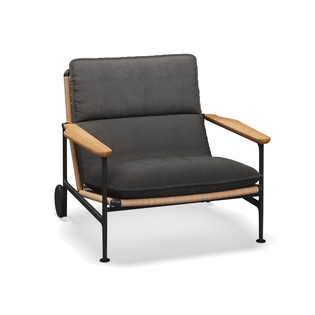 Zenith loungestoel met teakhouten armleuningen — Meteor Wheat Natural met Blend Coal
