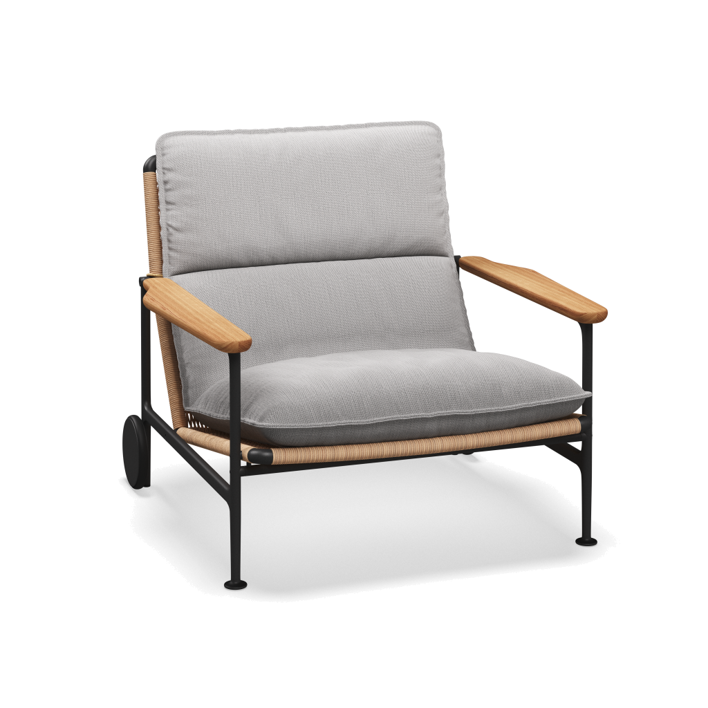 Zenith loungestoel met teakhouten armleuningen — Meteor Wheat Natural met Castillo Dove