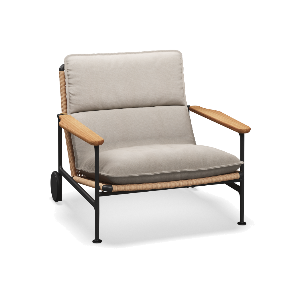Zenith loungestoel met teakhouten armleuningen — Meteor Wheat Natural met Blend Linen