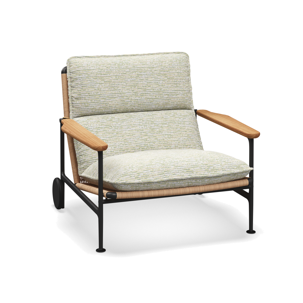 Zenith loungestoel met teakhouten armleuningen — Meteor Wheat Natural met Zenith Stem
