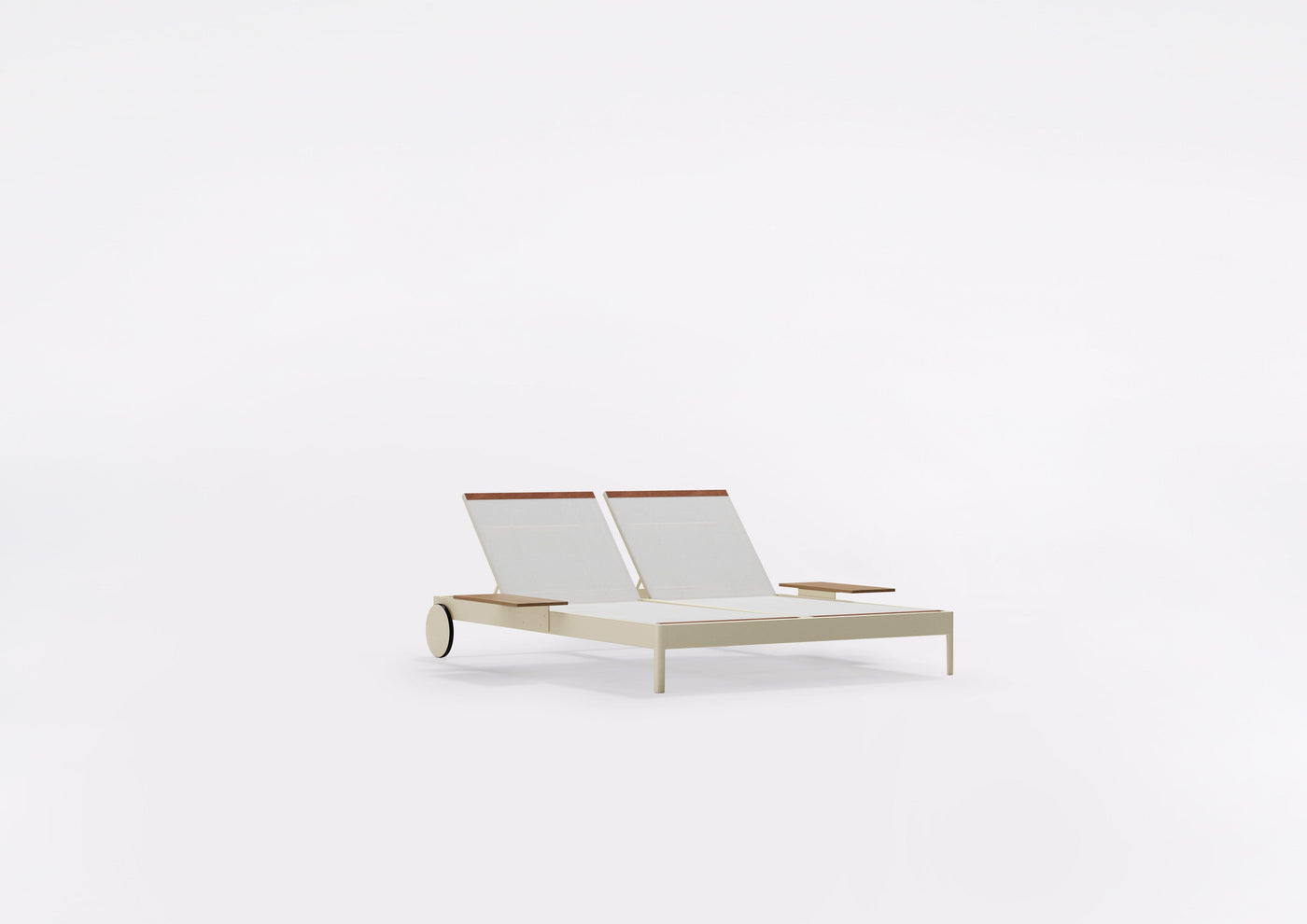 Double sunlounger with castors and small table on the right and on the left