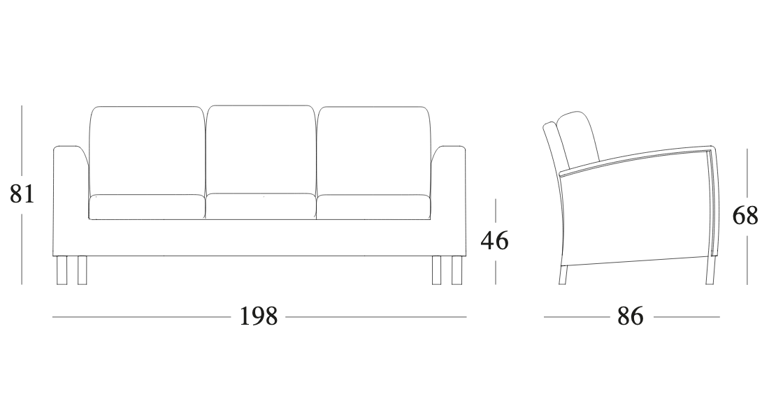 Technische tekening – Safi Lounge Sofa 3S