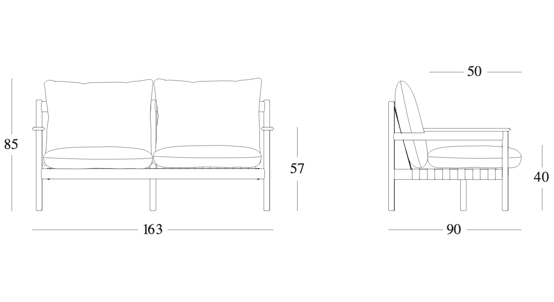 Technische tekening – Oda Lounge Sofa 2.5S Strap