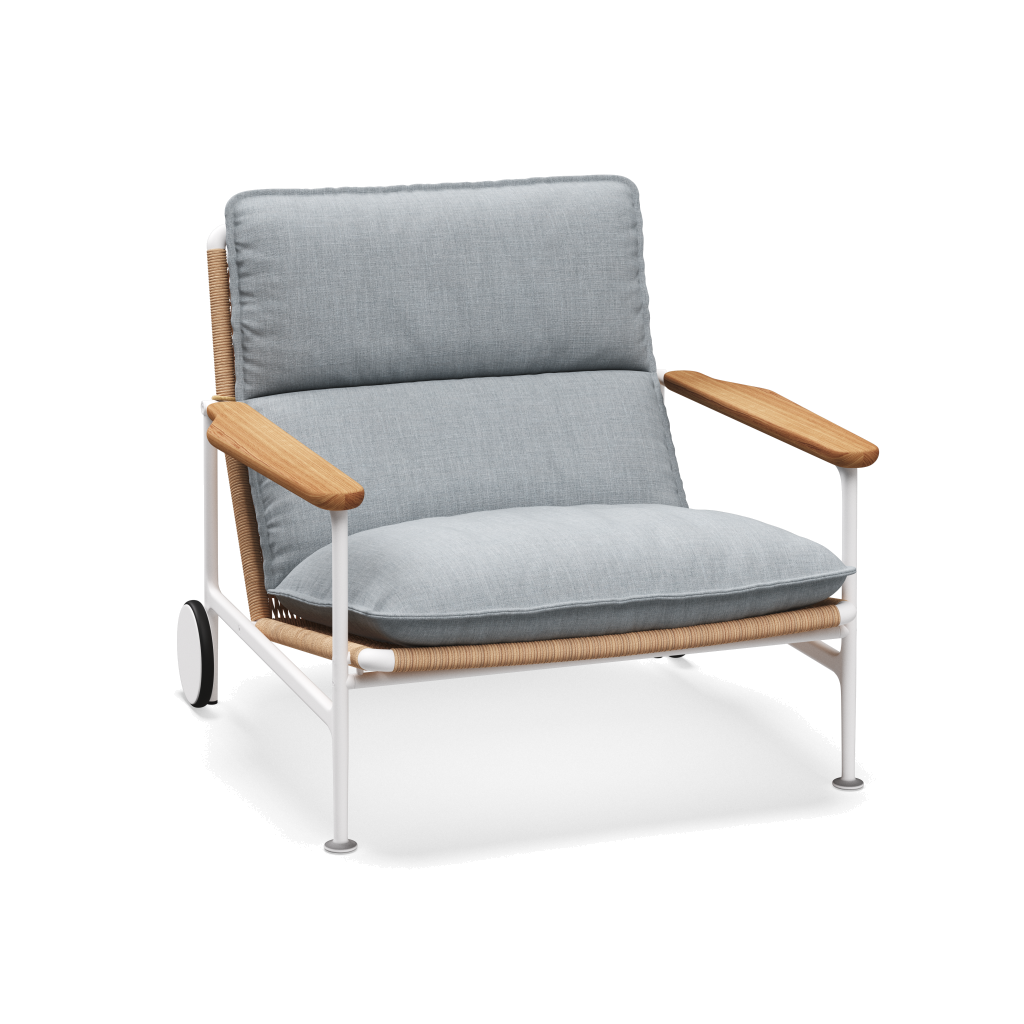 Zenith loungestoel met teakhouten armleuningen — White Wheat Natural met Willa Sky