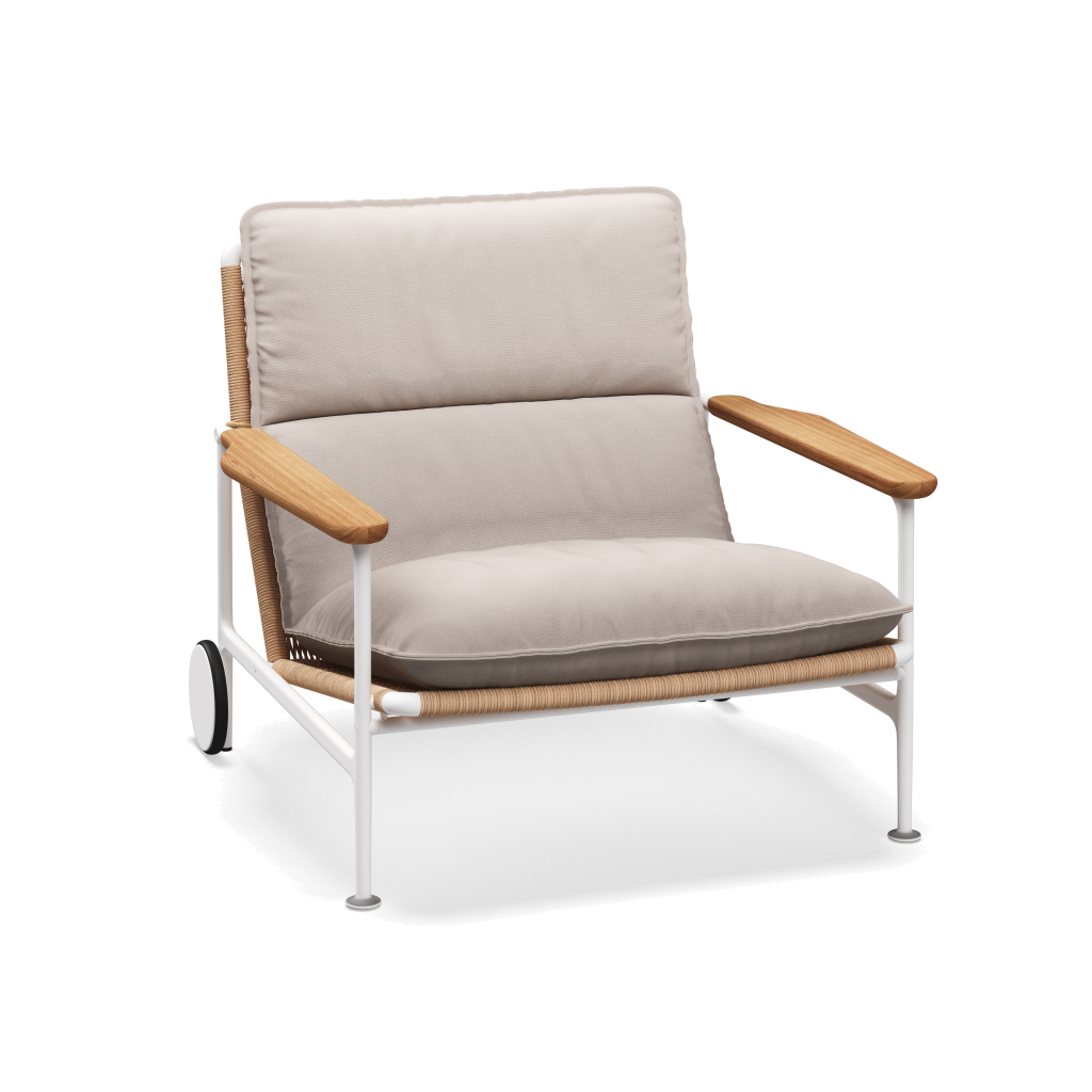 Zenith loungestoel met teakhouten armleuningen — White Wheat Natural met Fife Bone
