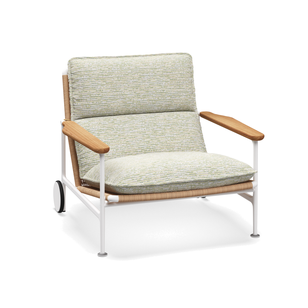Zenith loungestoel met teakhouten armleuningen — White Wheat Natural met Zenith Stem