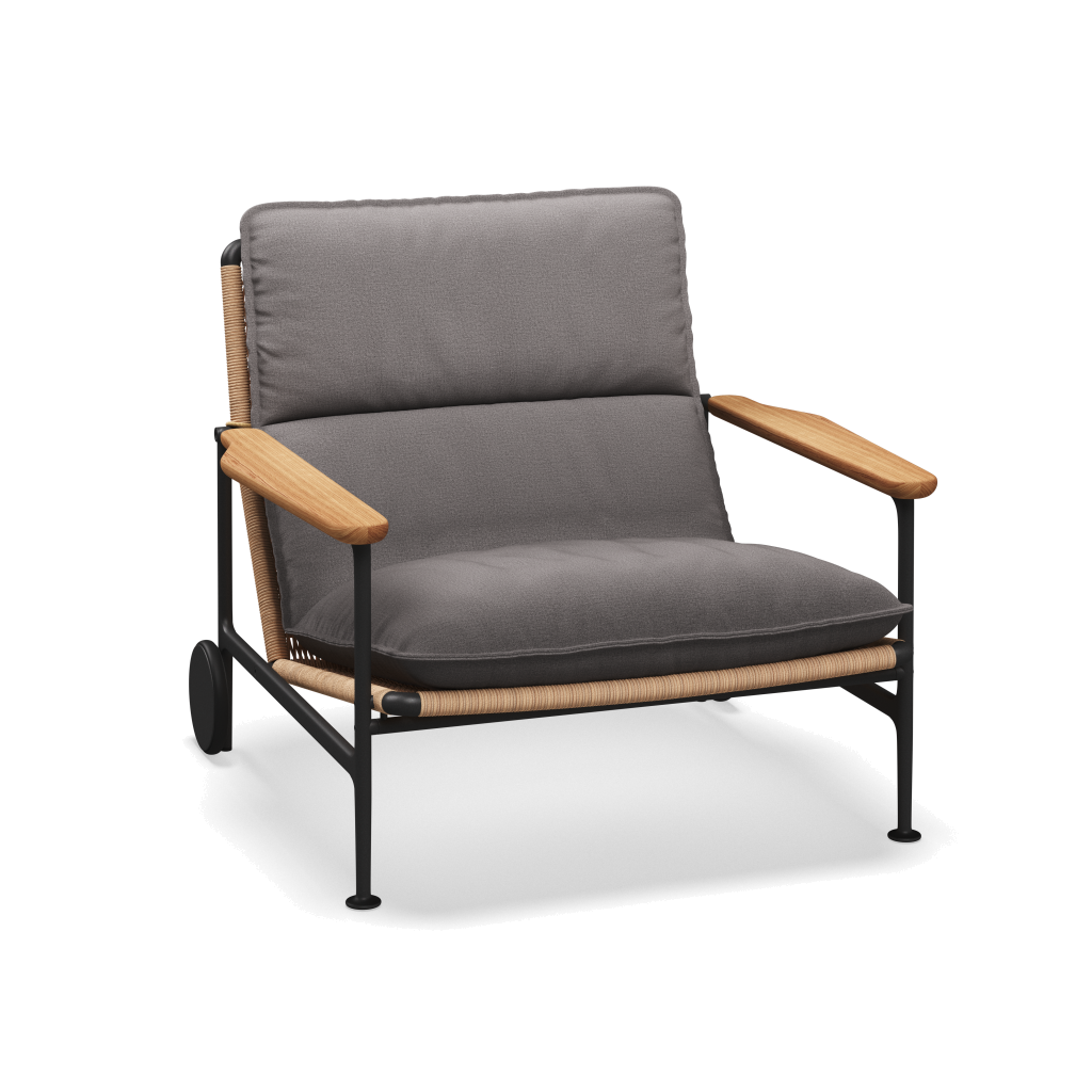 Zenith loungestoel met teakhouten armleuningen — Meteor Wheat Natural met Blend Fog