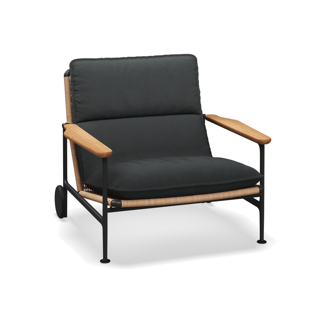 Zenith loungestoel met teakhouten armleuningen — Meteor Wheat Natural met Castillo Shadow