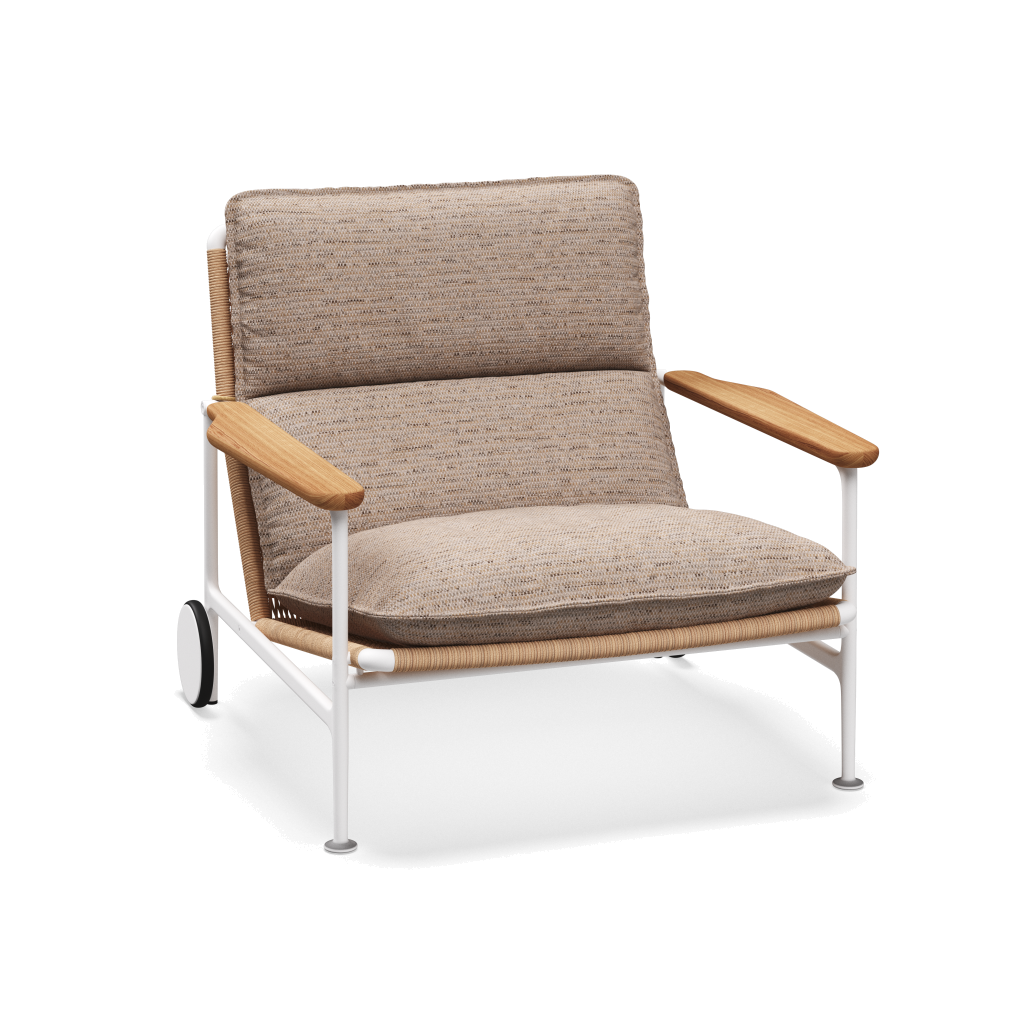 Zenith loungestoel met teakhouten armleuningen — White Wheat Natural met Zenith Wren