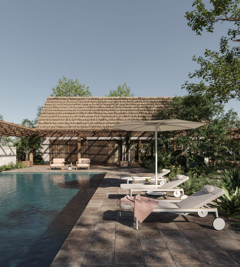 STYLETTO 195T LOUNGER - PALMA 300 PARASOL - MAMBO LOUNGE - CONIX 60T SIDE TABLE-min